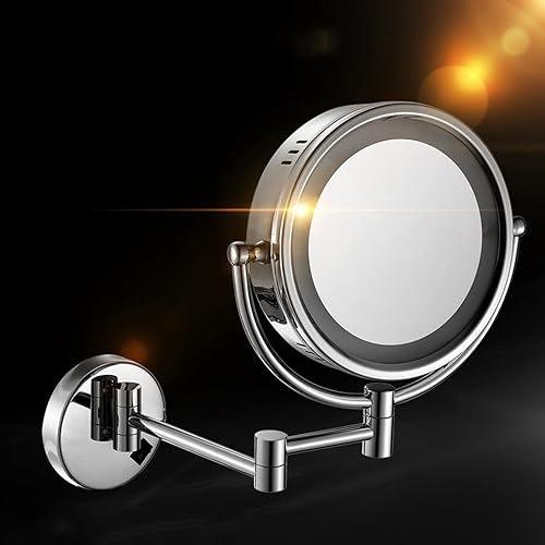 Miniatura 2 de Espejo de maquillaje montado en la pared, espejos de tocador con iluminación LED, rotación de 360 grados, doble cara para baño o dormitorio (níquel