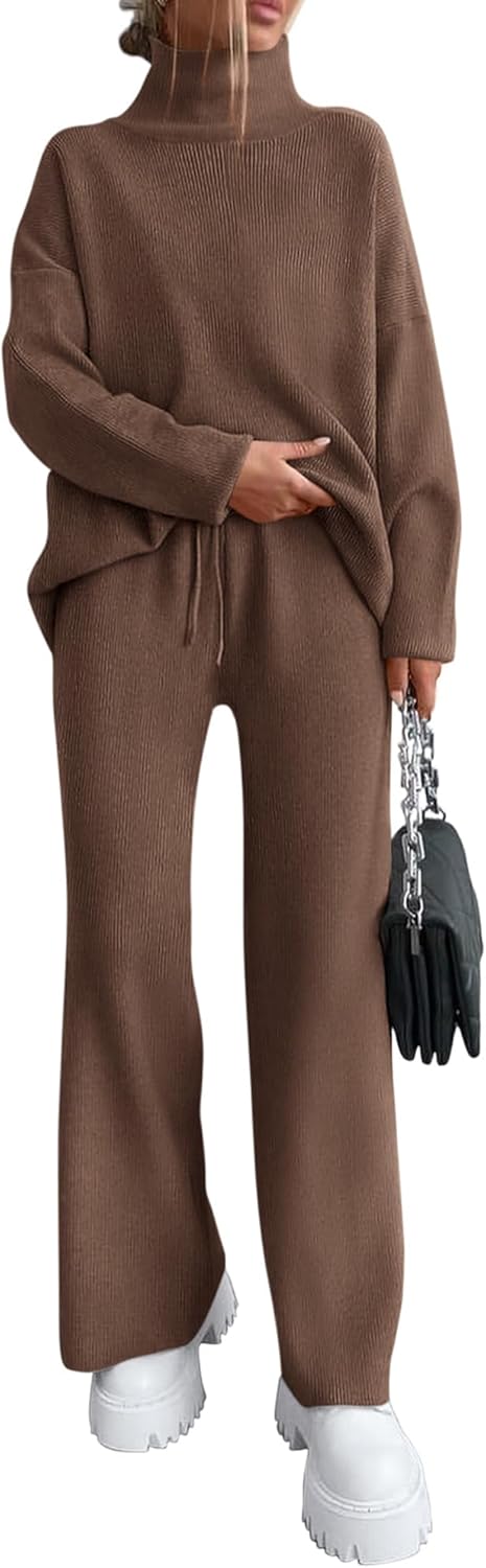 dowerme Women Fall 2 Piece Outfits 2025 Winter High Neck Sweater Sets Drawstring Wide Leg Pant Chunky Knit Lounge Set(Brown,Small)