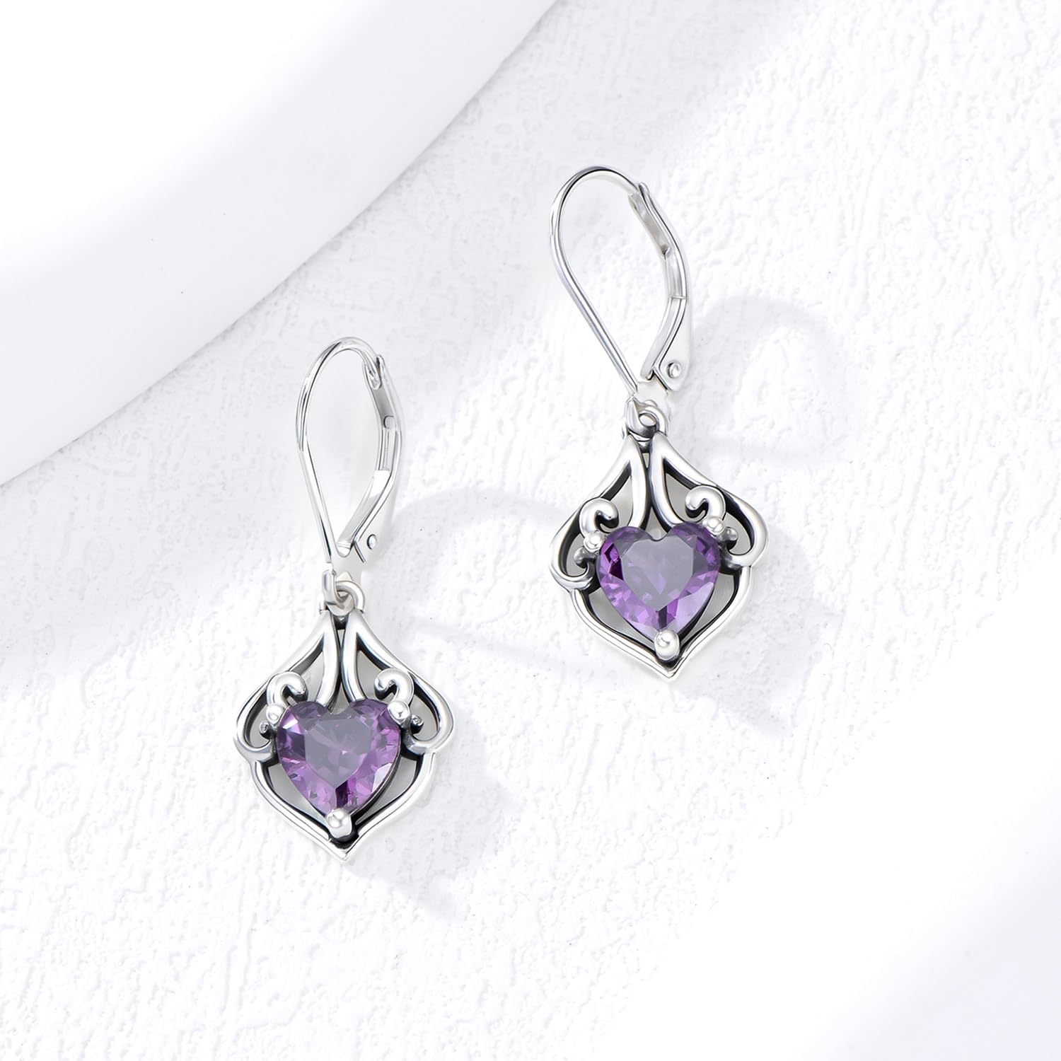 Amethyst Earrings 925 Sterling Silver Vintage Filigree with Heart Cut February Birthstone Drop Earrings for Women - Image 4