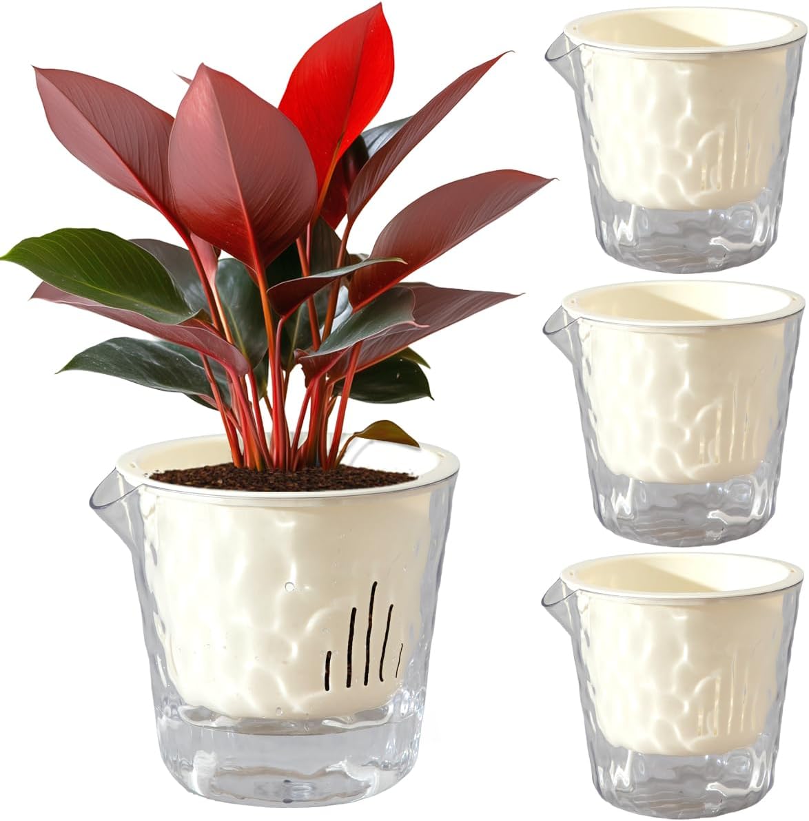 4 Inch Glacier-Textured Self Watering Garden Pots,4 Pack Clear Plastic Planters with Water Filling Spout,Flowerpot with Inner Pot for Indoor Plants,African Violets,Herbs,Succulents(Cream white)
