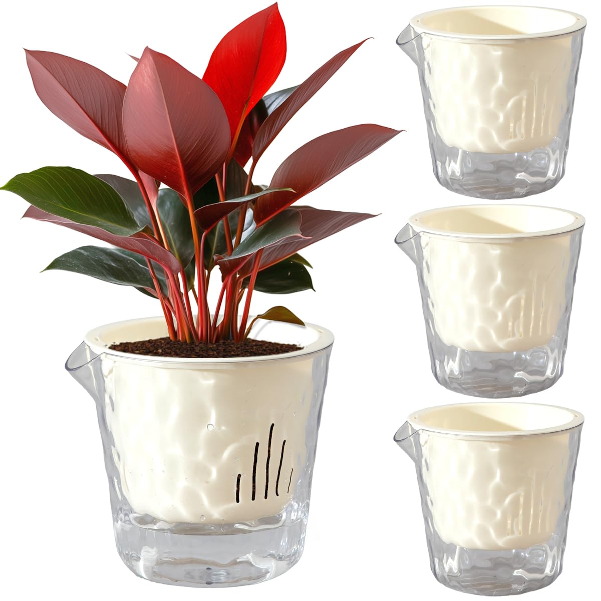 4 Inch Glacier-Textured Self Watering Garden Pots,4 Pack Clear Plastic Planters with Water Filling Spout,Flowerpot with Inner Pot for Indoor Plants,African Violets,Herbs,Succulents(Cream white)