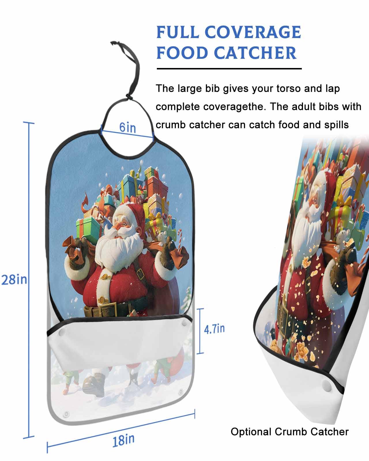 Red Santa Claus Adult Bib for Adults Men, Women, Christmas Tree Forest Snowy Xmas Tree Washable & Adjustable Terry Cloth Bib with Crumb Catcher Reusable Waterproof Clothing Clothes Protector Apron