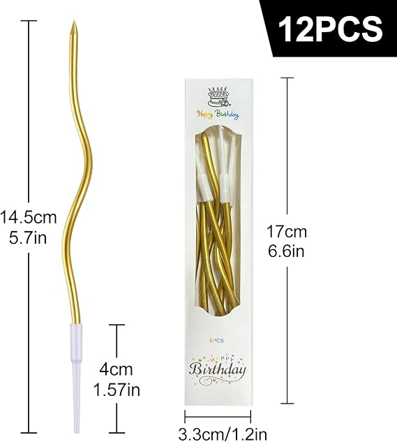 12 Pieces Twisty Birthday Candles, Spiral Gold Birthday Candles for Cakes [Energy Class G]
