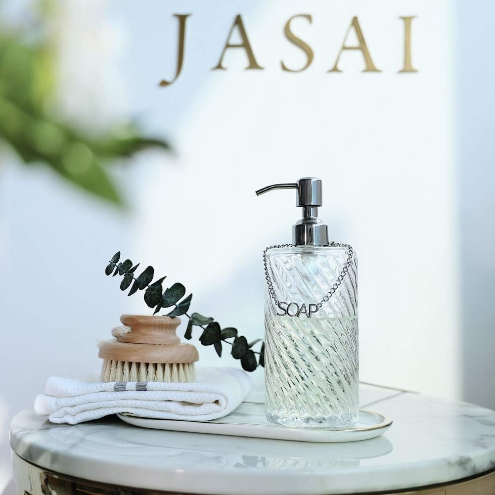 JASAI Diagonal Clear Glass Soap Dispenser with Rust Proof Stainless Steel Pump, Refillable 20-Oz Dish Soap Dispenser, Premium Thick Glass Soap Dispenser for Kitchen & Bathroom(Clear)
