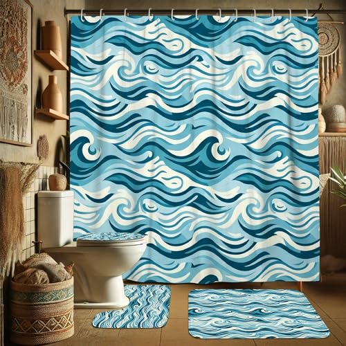 Rideau de douche imperméable vagues modernes bleu sarcelle en toile polyester
