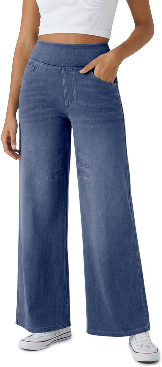 Fisoew Womens Baggy Wide Leg Jeans High Waisted Pull On Straight Leg Stretchy Jeans Boyfriend Denim Pants