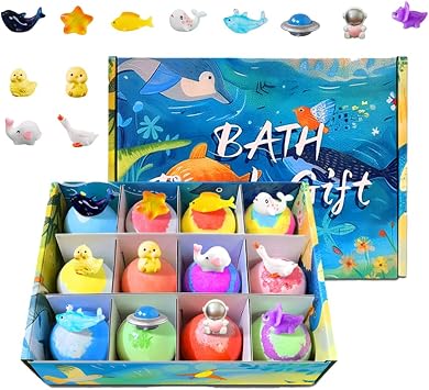 Bath Bombs Gift Set, 12pcs New Bath Bombs for Kids with Toy Inside, Organic Colorful Bubble Bath for Kids Safe, Best Birthday, Party, Easter Bath Bombs Gift Set for Girls and Boys Sea Animal-12Pcs