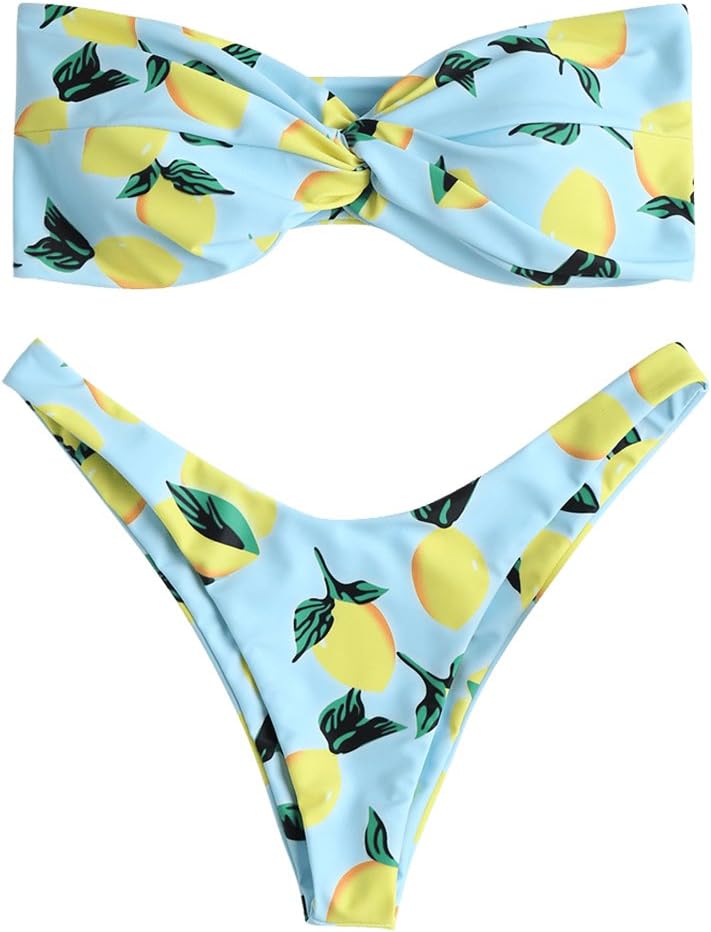ZAFUL Women's Bandeau Bikini Set Strapless Swimsuits Lemon Printed Light Blue S
