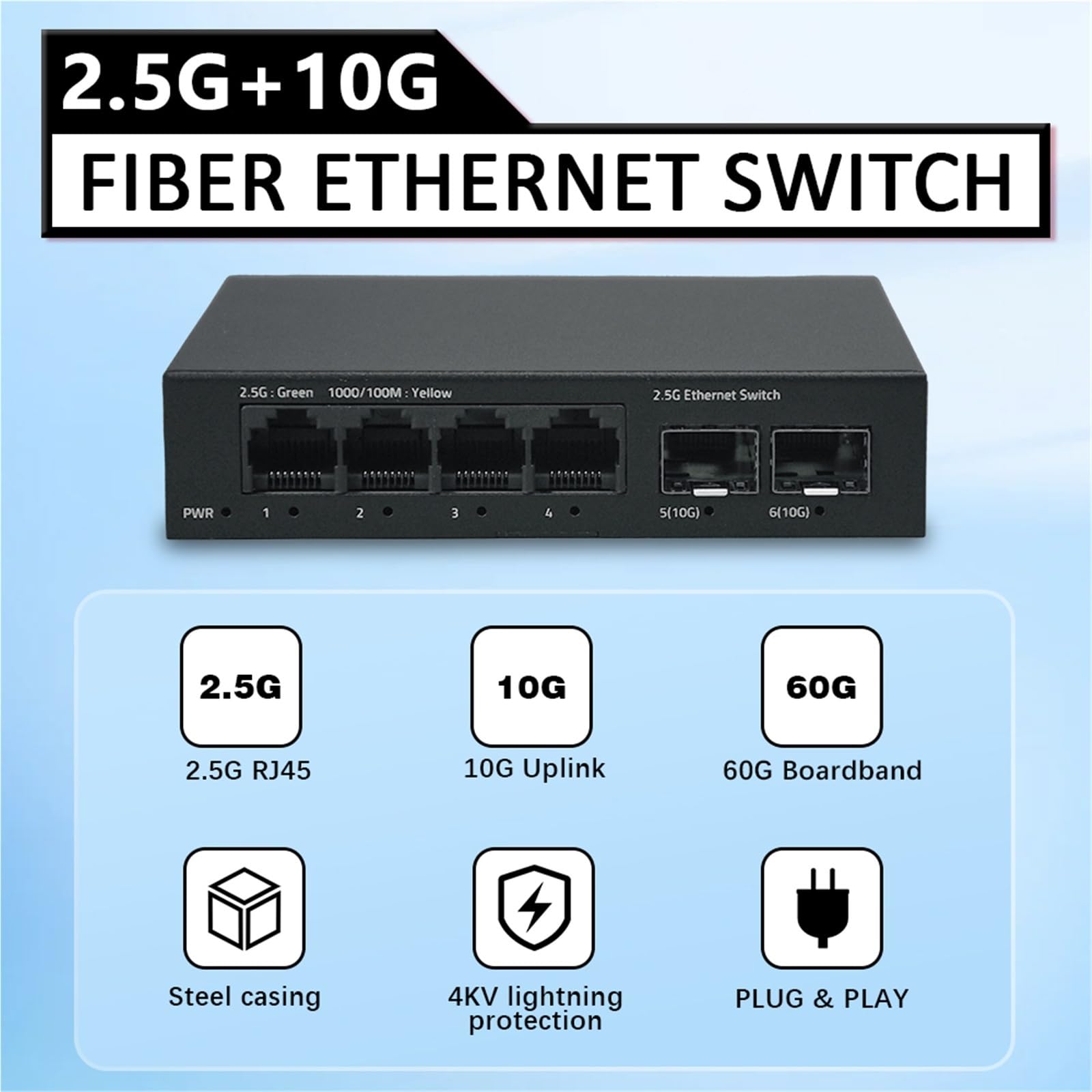Commutateur Ethernet 10G SFP 2.5G RJ45 Gigabit Switch 2 5 Go Commutateurs Ethernet 4 5 6 ports LAN Ethernet Fibre Optique Hub (Prise UE)