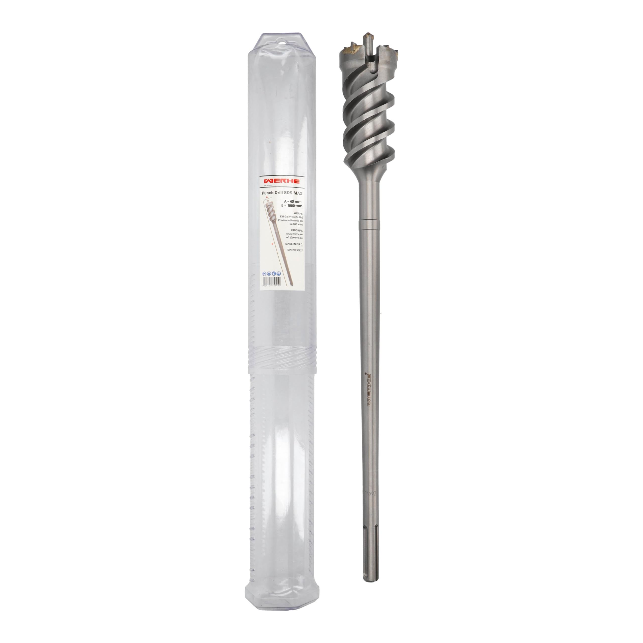 WERHE Foret perforé SDS MAX - Pour des perçages longs dans le béton et le béton armé - Tête asymétrique en carbure - Pointe de centrage - Cœur renforcé - 65 x 1000 mm