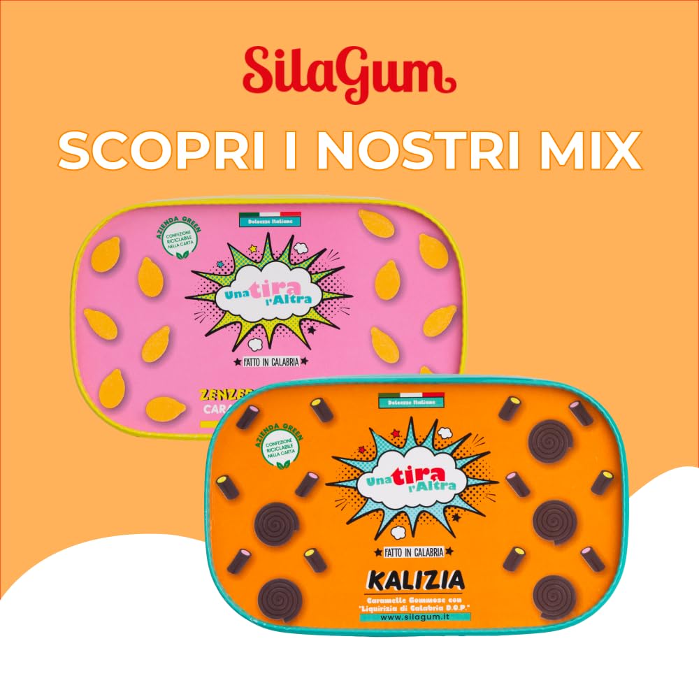 Silagum mix caramelle alla liquirizia, 6 confezioni da 200/450 grammi, Spirelle e tronchetti ripieni al cocco e fragola, Ingredienti naturali, Made in Italy