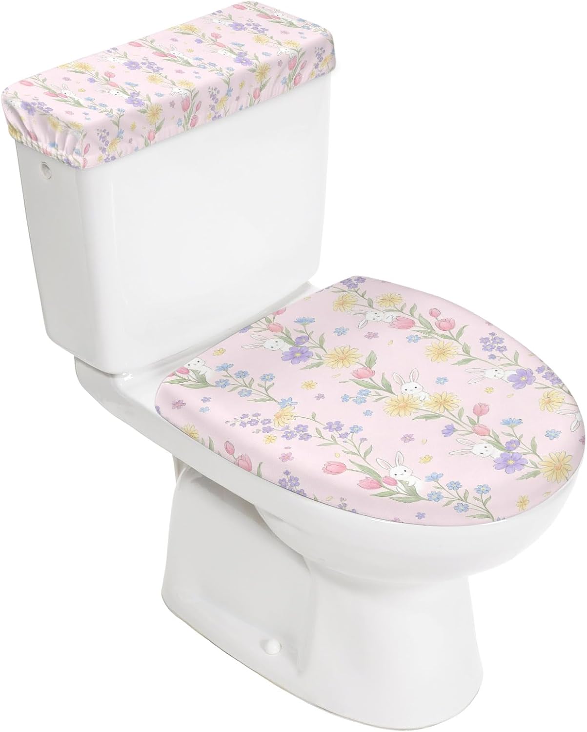Rabbits Ferns Elastic Toilet Lid and Tank Covers Set, Pink Flowers Leaves Cottagecore Tulip Decorative Bathroom Decor, 2 Pcs Toilet Lid Cover and Toilet Tank Lid Cover with Elastic Bottom