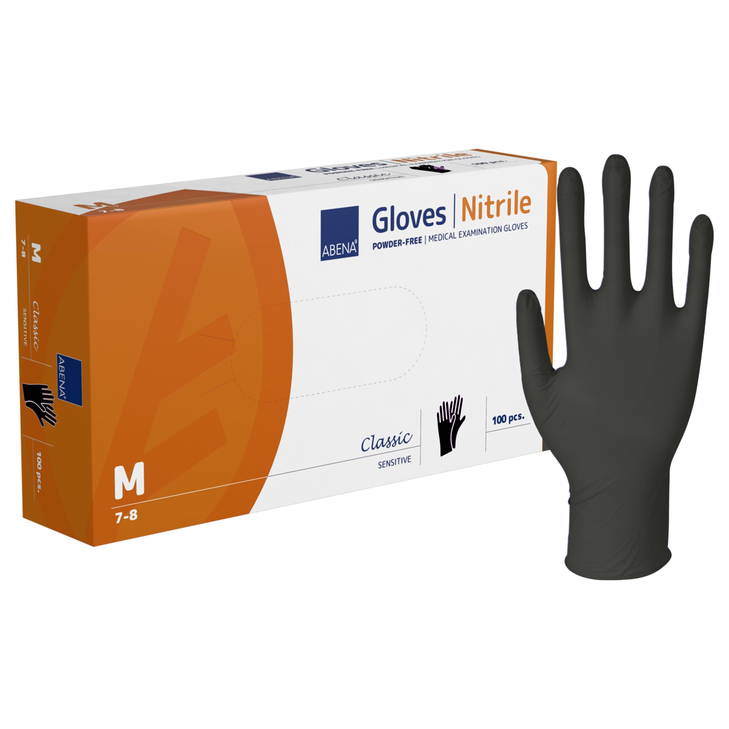 ABENA Black Disposable Nitrile Gloves, Medium, Pack of 100, Powder Free, Latex Free, Examination Gloves for Cleaning, Food Prep, Beauty, Medical & Hygiene, Strong Single Use Protective Gloves