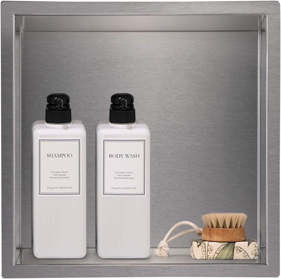 12"×12" Shower Niche Brushed Stainless Steel, Recessed Shower Caddy, Bathroom Shelf Insert Fits for 11"x11" Wall Hole Installation (Nickel)