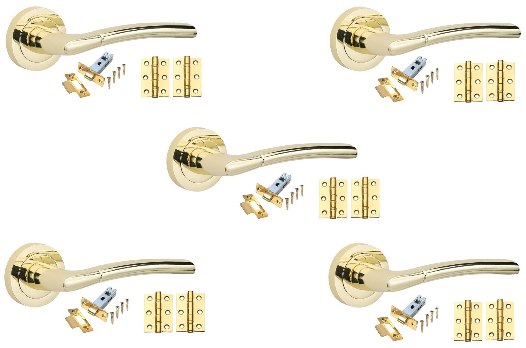 Golden Grace Indiana Design Door Handles in Polished Brass Finish with Tubular Latch & 1 Pair of 3" Ball Bearing Hinges - 5 Sets