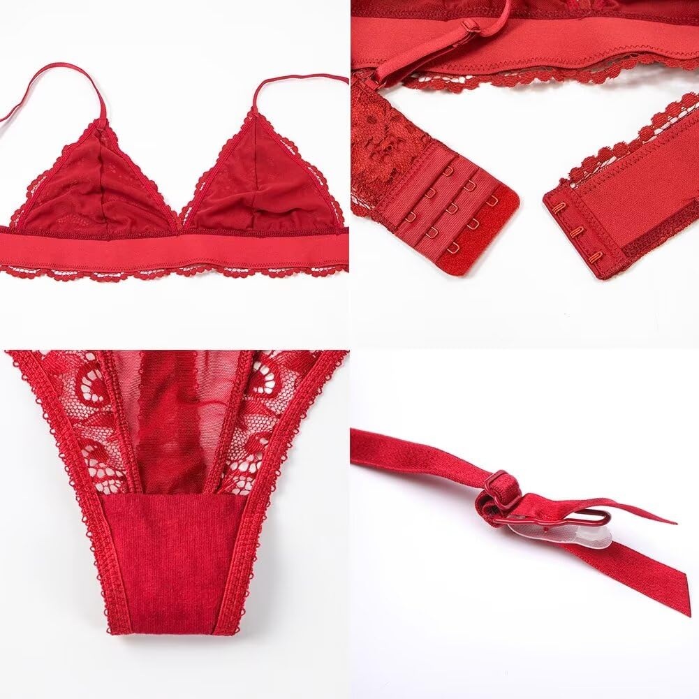 Mujer Hacer Subir Cordón Conjunto de Sujetadores Cordón Lencería Sostén y Bragas y Calcetines y Visera 5 Piece