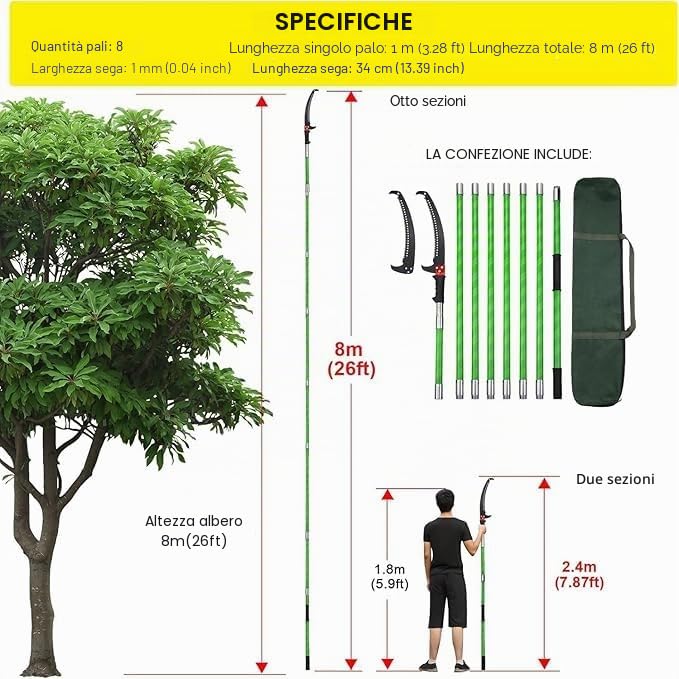8M Sega Per Alberi Con Manico Telescopico,Cesoia Per Potatura Manuale,Regolabile in Altezza Attrezzi da Giardinaggio Altezza Per Segare e Cesoiare