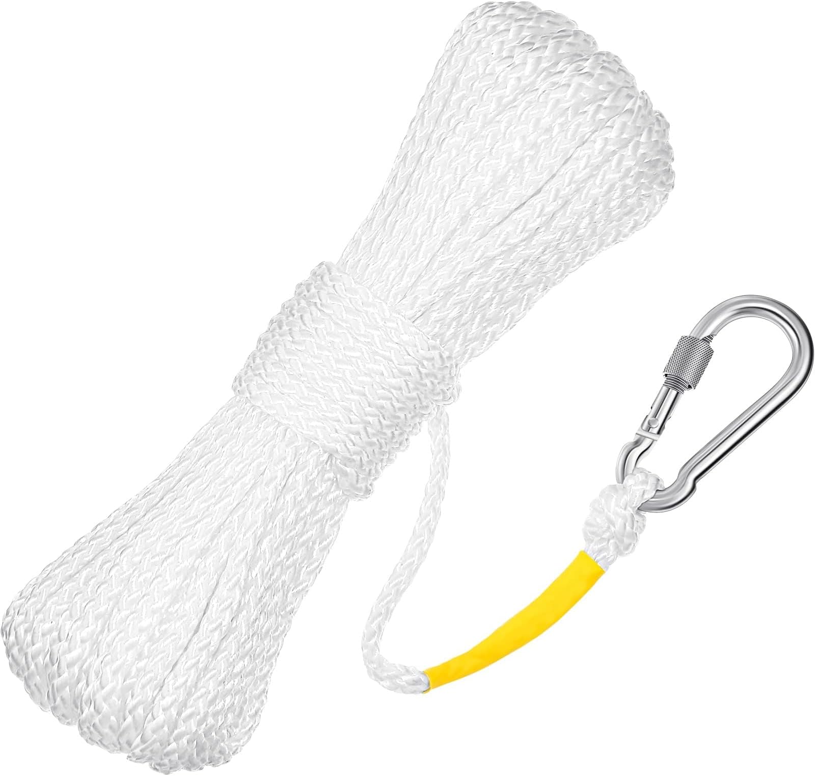 Hollow Braided Polypropylene Line Rope, Heaving Line with Spring Hook for Ring Buoy Pool Life Preserver Ring Rope Boat Anchor Rope, Not Easy to Get Rust and Abrasion(White,15 M/ 16.4 Yards)(1 Pack)