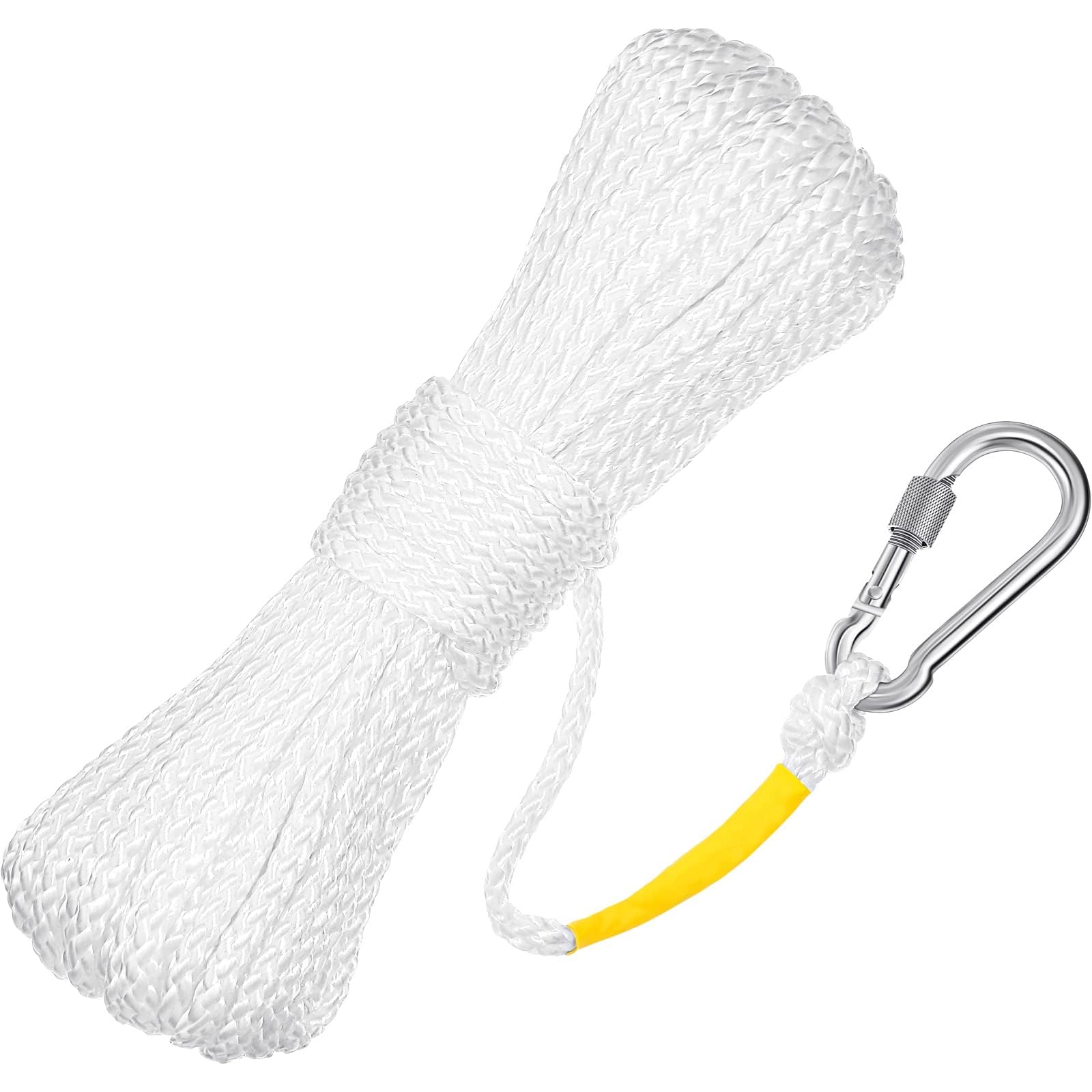 Hollow Braided Polypropylene Line Rope, Heaving Line with Spring Hook for Ring Buoy Pool Life Preserver Ring Rope Boat Anchor Rope, Not Easy to Get Rust and Abrasion(White,15 M/ 16.4 Yards)(1 Pack)