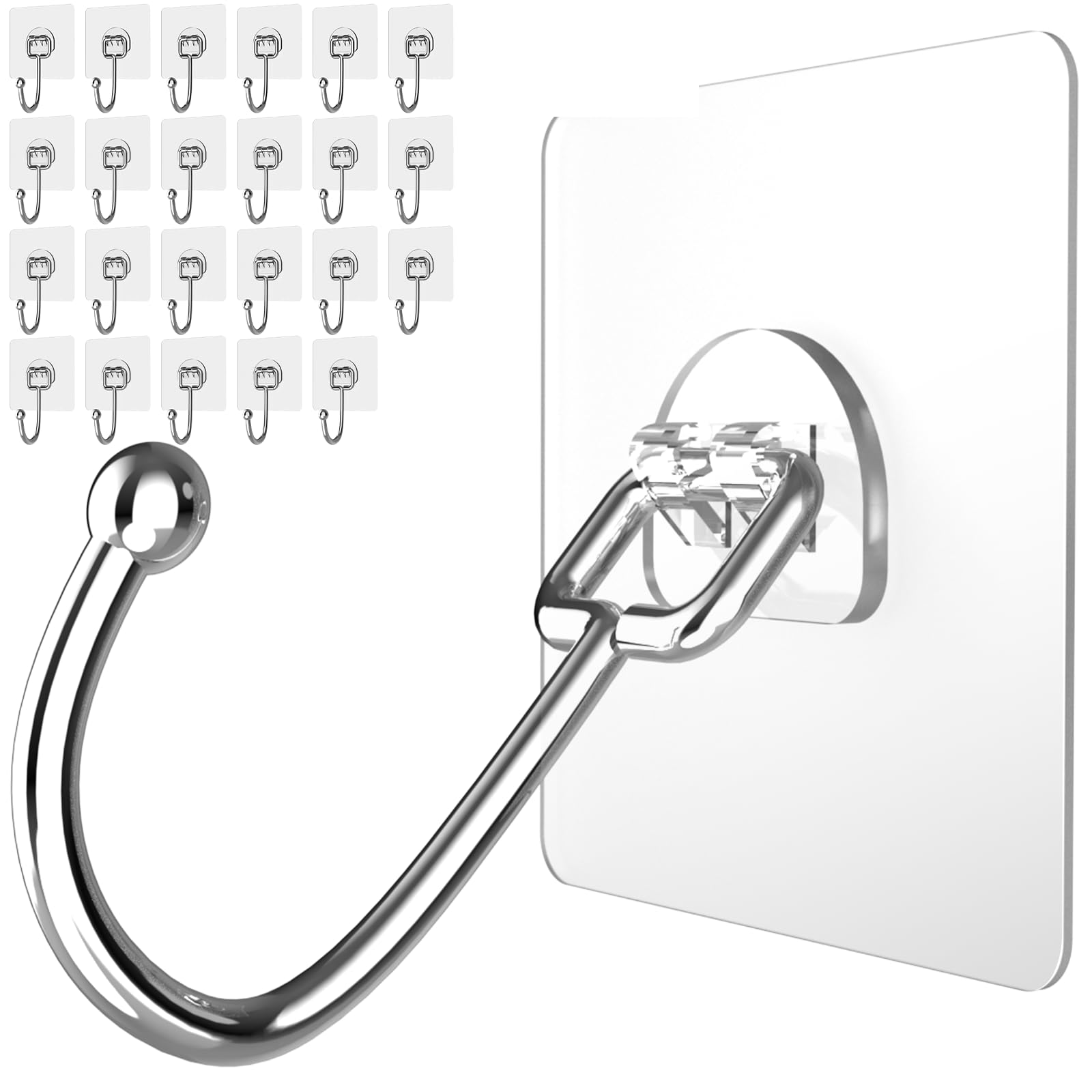Large Adhesive Hooks 24-Pack, Heavy Duty 44lb(Max) Wall Hooks for Bathroom, Outdoor, Strong Self-Adhesive Towel &amp; Coat Hooks, Waterproof Transparent Utility Hooks for Home Improvement