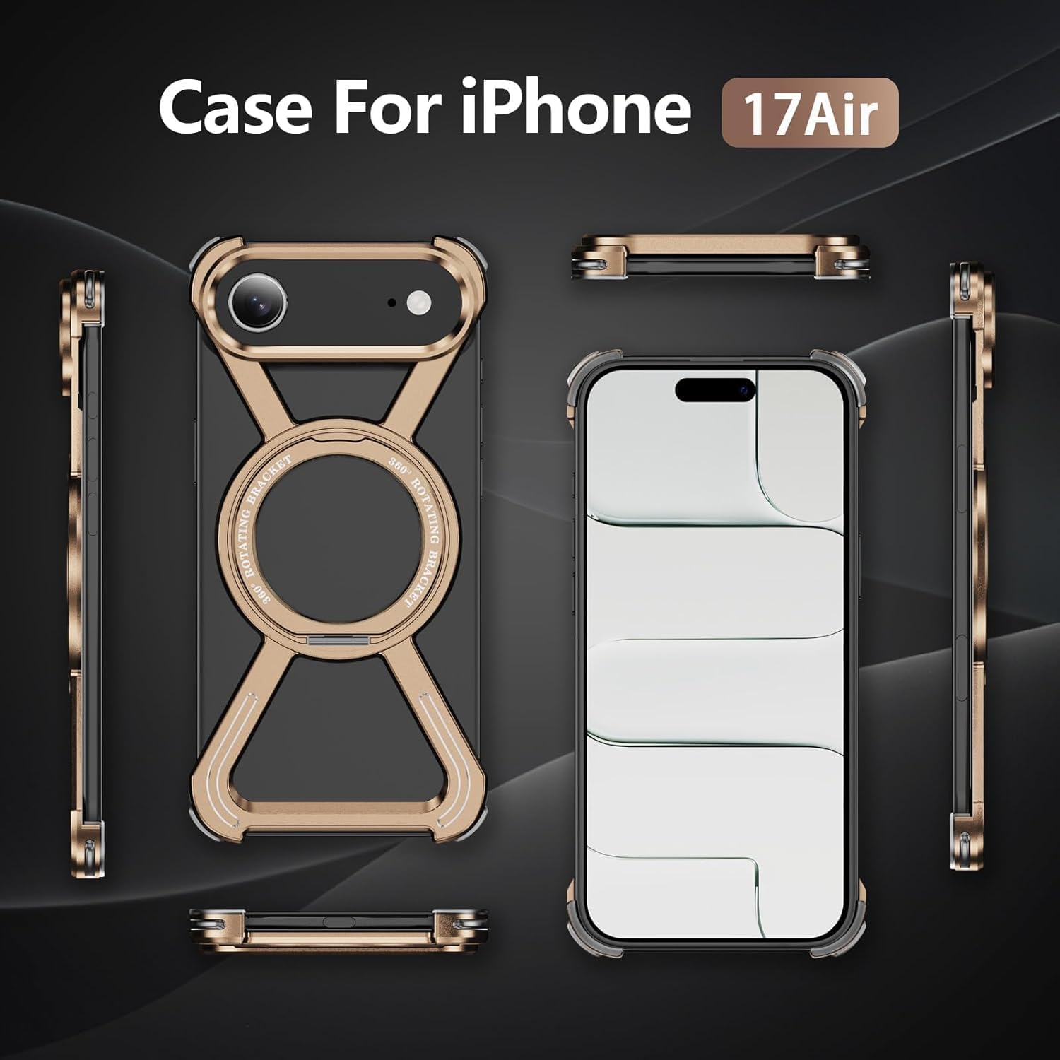 OOPKINS Skeleton Case for iPhone Air Military Grade Drop Protection Rotating Kickstand Ring Grip Compatible with Quick Charge Frameless Metal Bumper for Apple iPhone 17 Air. JJ Gold