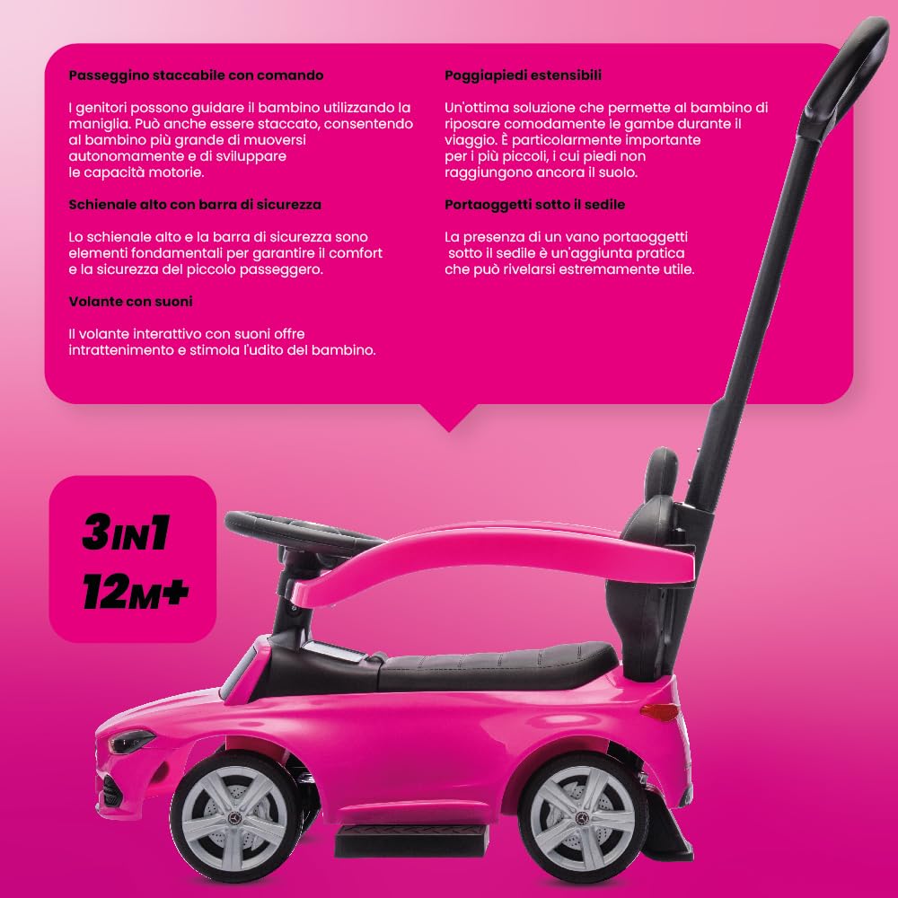 sun baby Macchinina Cavalcabile per Bambini, Macchina a spinta da 12 mesi, schienale alto, volante audio, poggiapiedi estensibili, vano portaoggetti (Rosa)