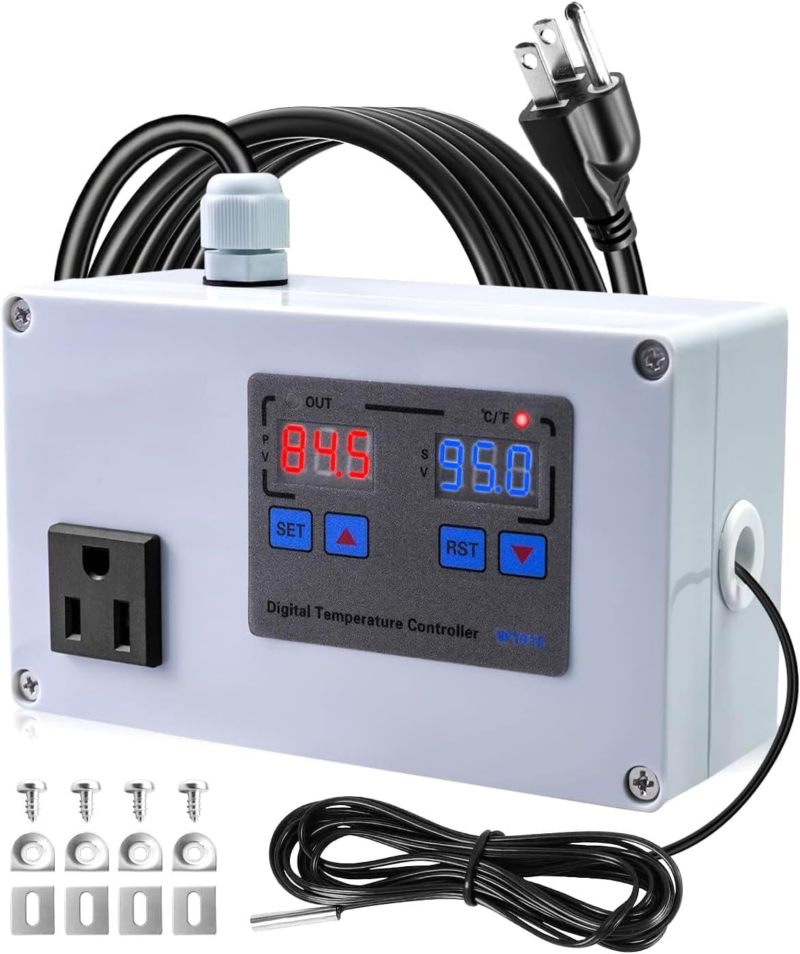 Digital Temperature Controller 110V 10A Thermostat Switch 1100W | Waterproof NTC 10K Sensor Probe, for Heating and Cooling Devices, Refrigerator, Freezer, Aquarium and More