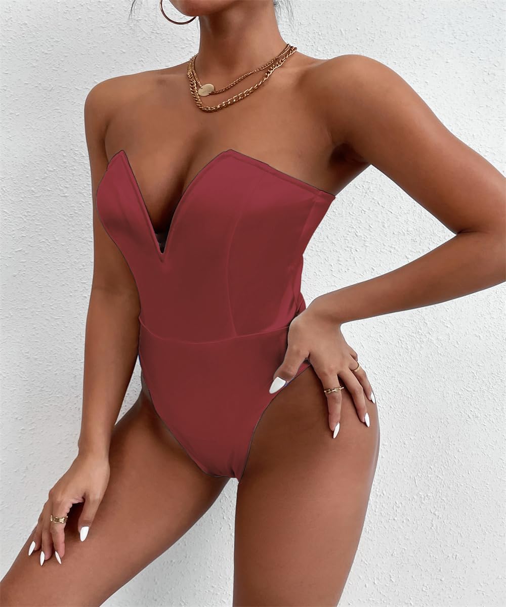 YOXUA Women's Strapless One Piece Triangle Corset Sweetheart Backless Sexy Solid Bodysuit - Image 3
