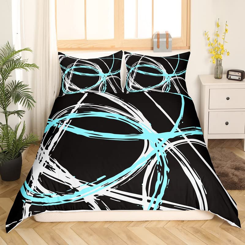 Retro Circle Bedding Duvet Cover Set Single Blue Black White Stripes Bedding Set for Kids Boys Girls Abstract Art Decor Comforter Cover Set Microfiber Bedspread Cover Bedroom Bedclothes - Image 3