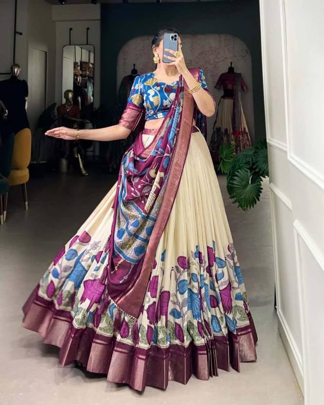 Image of Floral Printed Lehenga Choli with Pleated Skirt & Gotta Border Dupatta