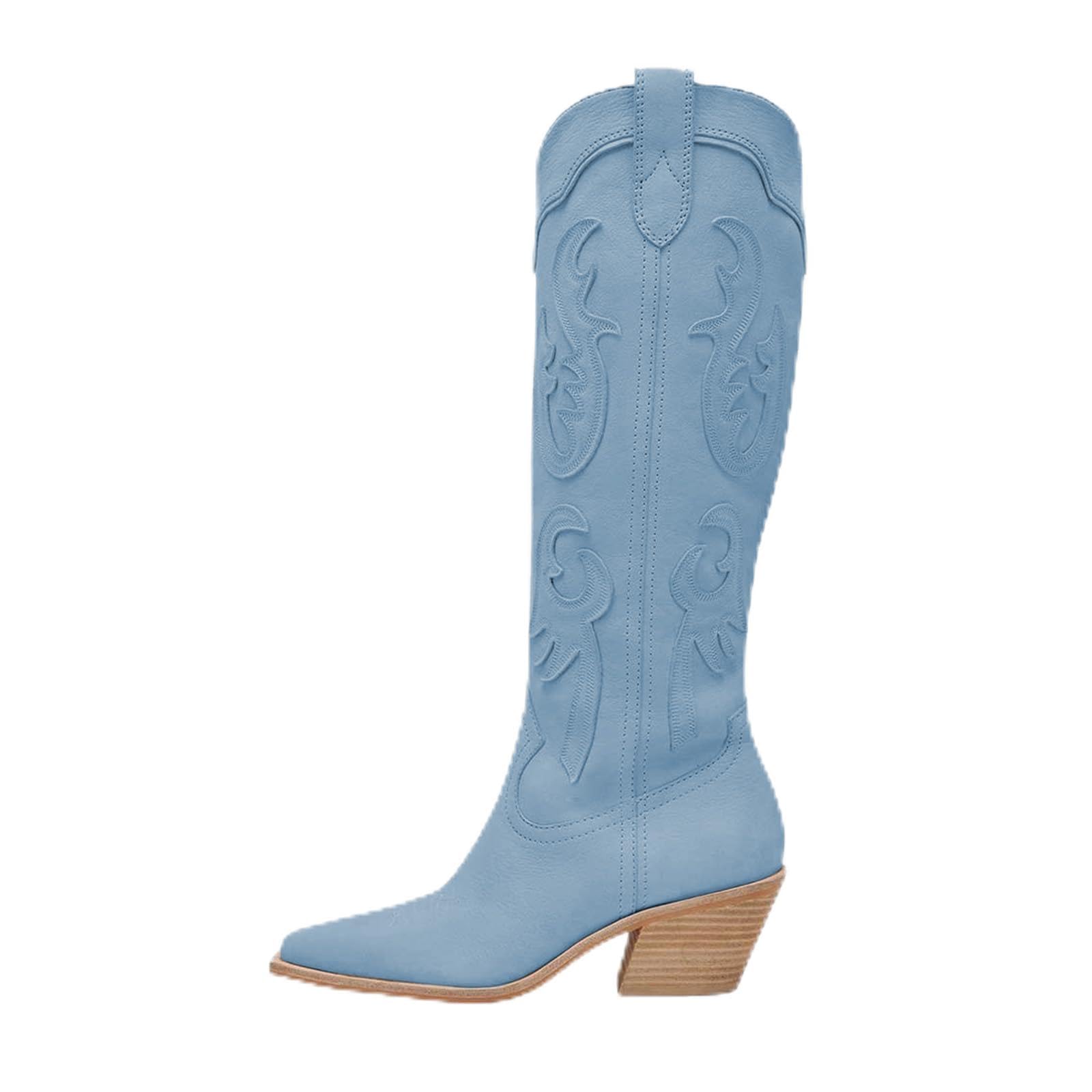 Cowboy Boots for Women Knee High Cowgirl Boots with Classic Embroidered Pointed Toe Chunky Heel Pull On Fashion