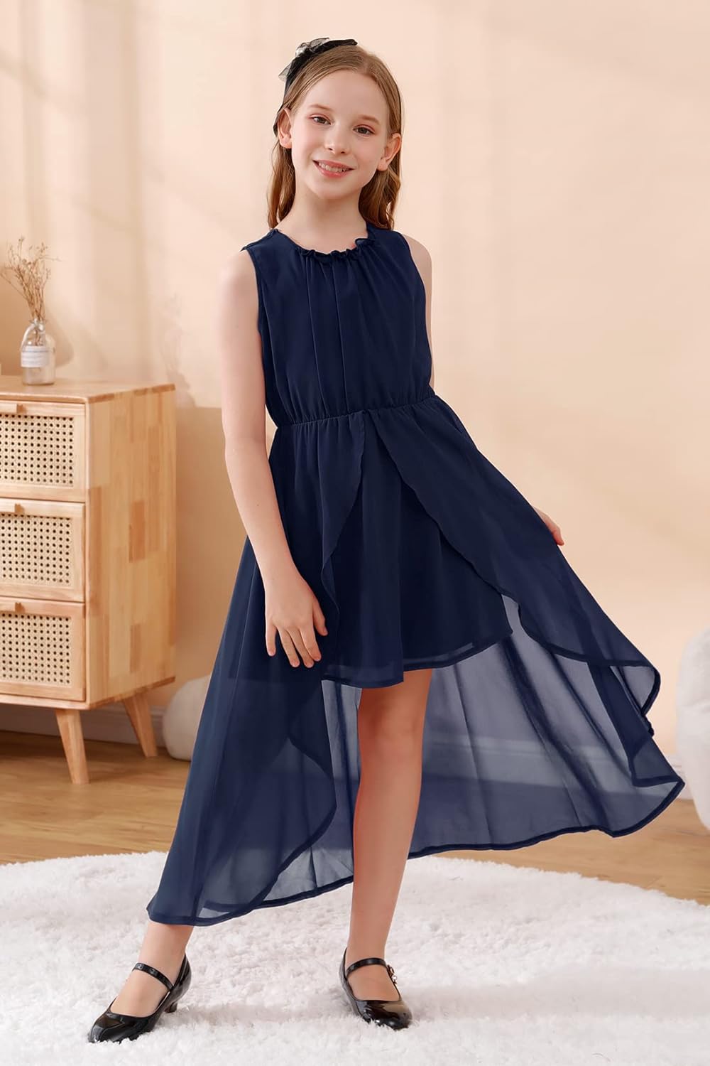 GORLYA Girls Sleeveless Ruffle Neck Hi-Lo Hem Overlay Formal Occasin Chiffon Long Party Dress 4-14T - Image 3