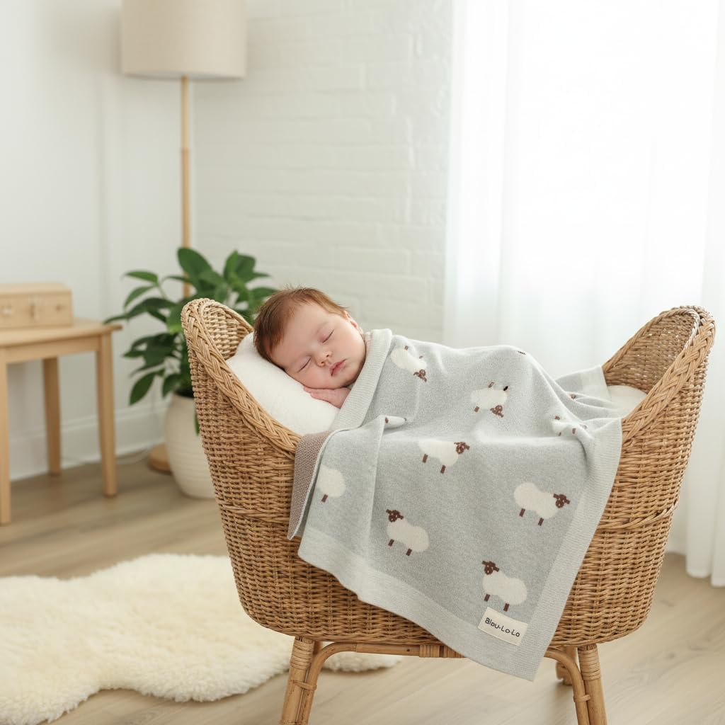 Knit Baby Swaddle Blanket - 100% Cotton Soft Cozy Lightweight Unisex Receiving Swaddling Stroller Quilt Blanket for Shower Gift Registry for Newborns Infants & Toddlers (Sheep - Grey)