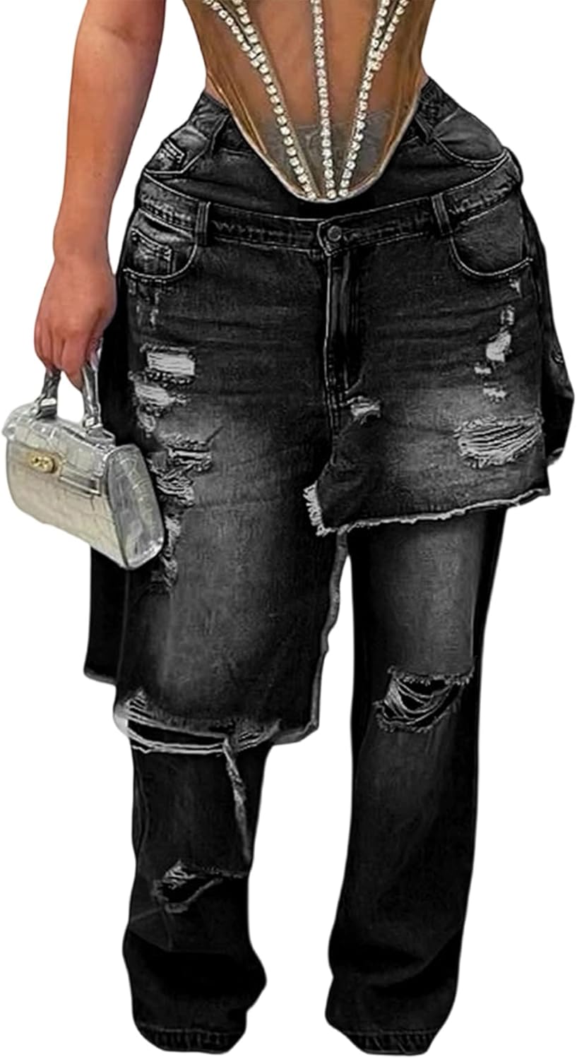 Women's High Waisted Ripped Jeans Wide Leg Patchwork Distressed Baggy Boyfriend Cargo Denim Pants with Pockets