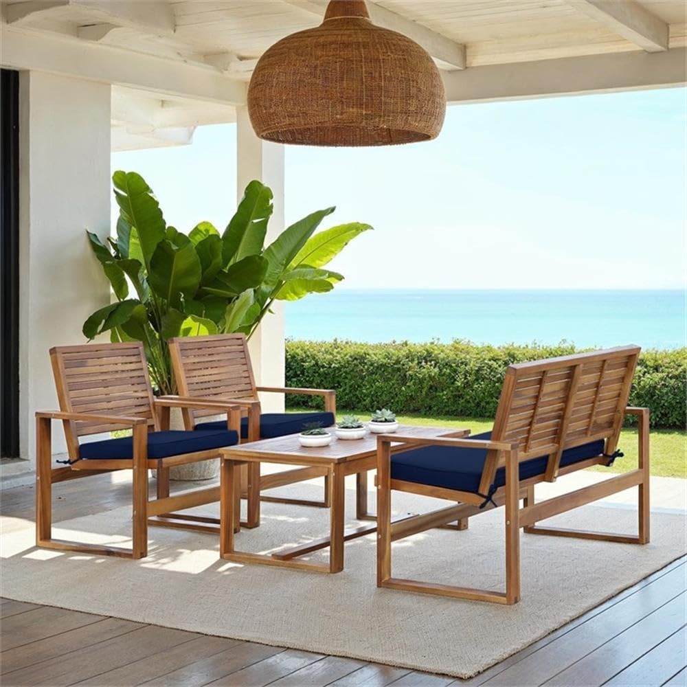 Pemberly Row 4 Piece Patio Sofa Set, Brown and Navy Finish, Durable Outdoor Furniture for Patios, Decks, and Gardens, Comfortable Seating with Coordinating Table, Stylish Gathering Spot