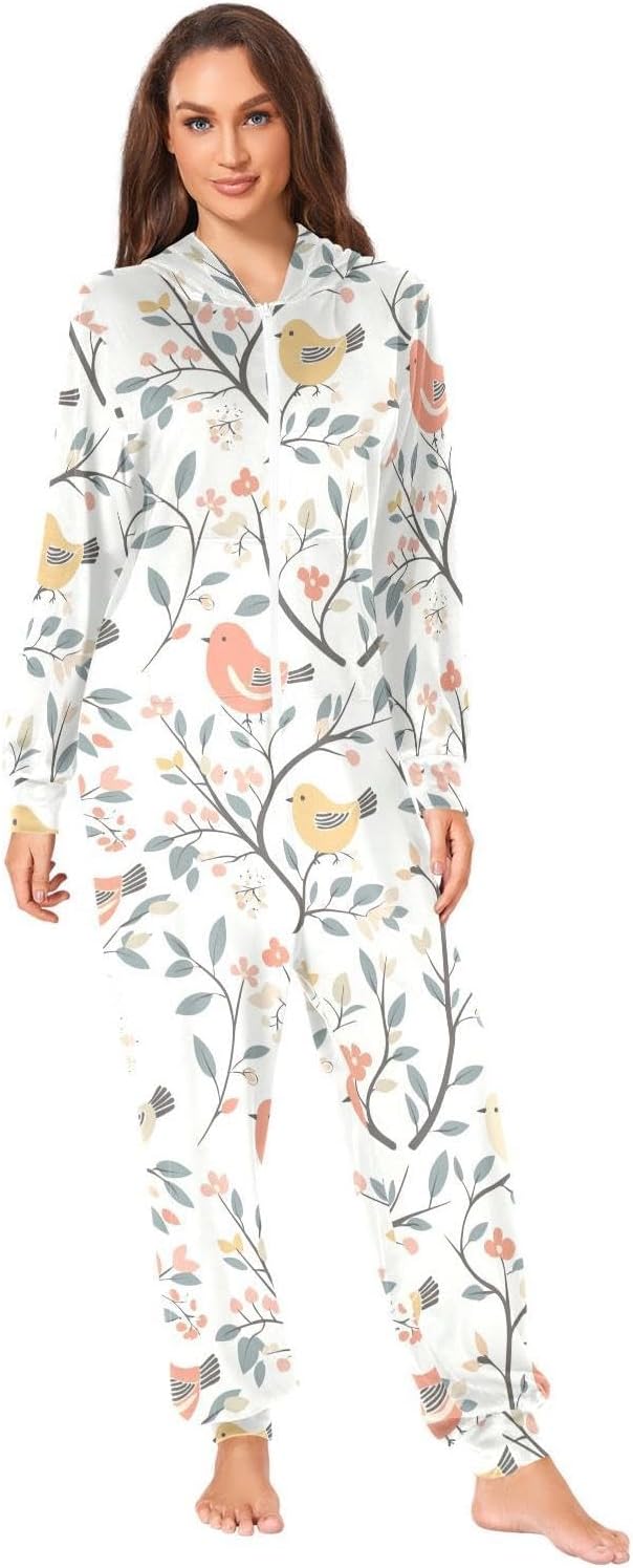 ZZKKO Birds Tree Leaves Floral Adult Onesie Pajamas for Women Men Cozy One Piece Pajamas Costume Zip-Up Hooded S-XL