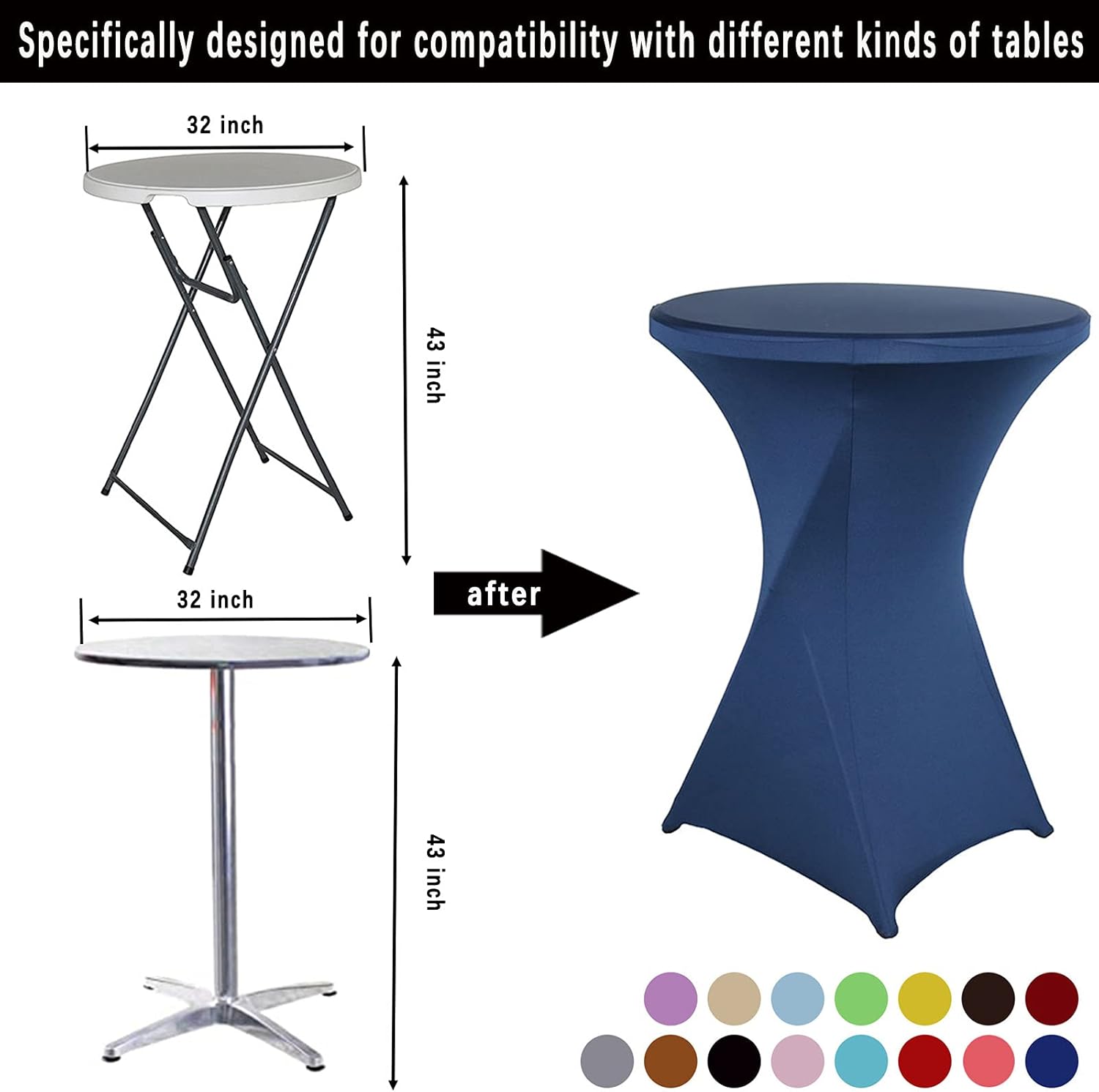 Jeloris 2 Pack 32x43 Inch Navy Blue Cocktail Spandex Round Tablecloth Stretch Spandex Cocktail Table Fitted Cover for Weddings, Banquets, Events, Parties, Restaurants
