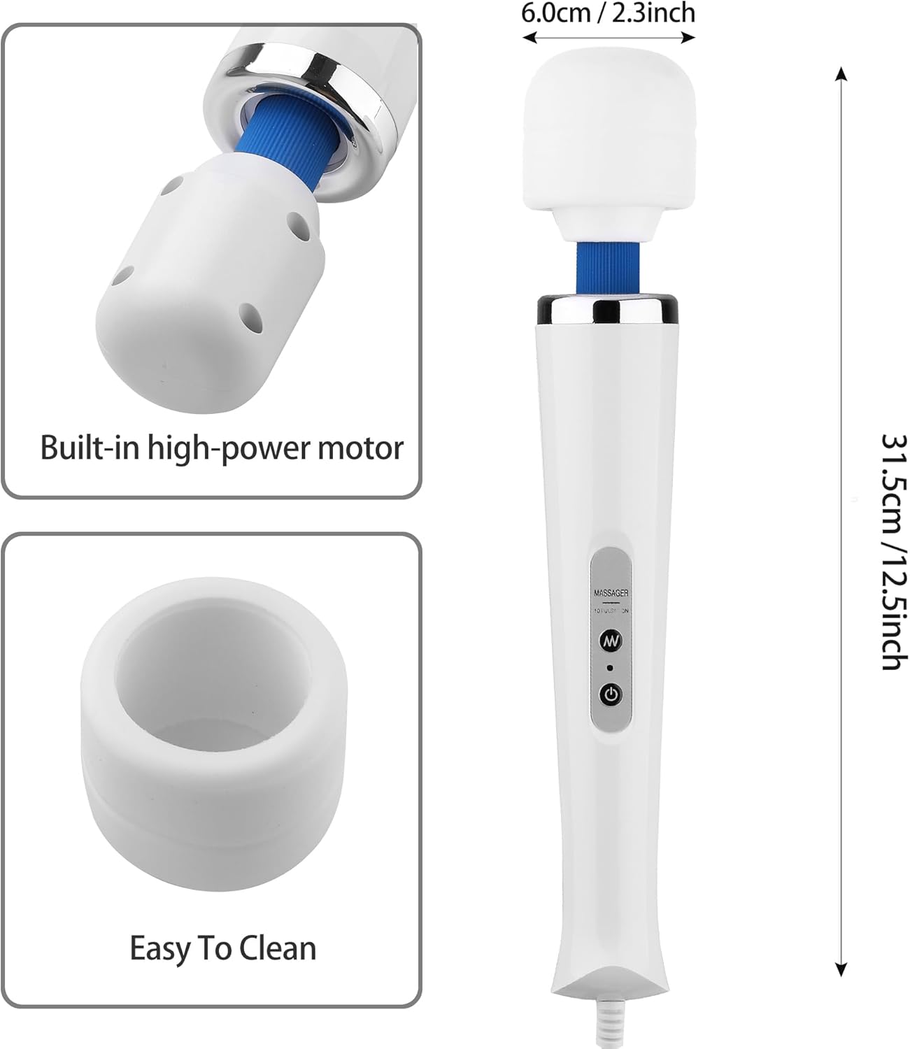 AEVEONE Personal Massage Device - Handheld Vibration Massager - Powerful Wired Wand - Best for Travel - Magic Stress Away - Perfect on Back Legs Hand Pains and Sports Recovery - White