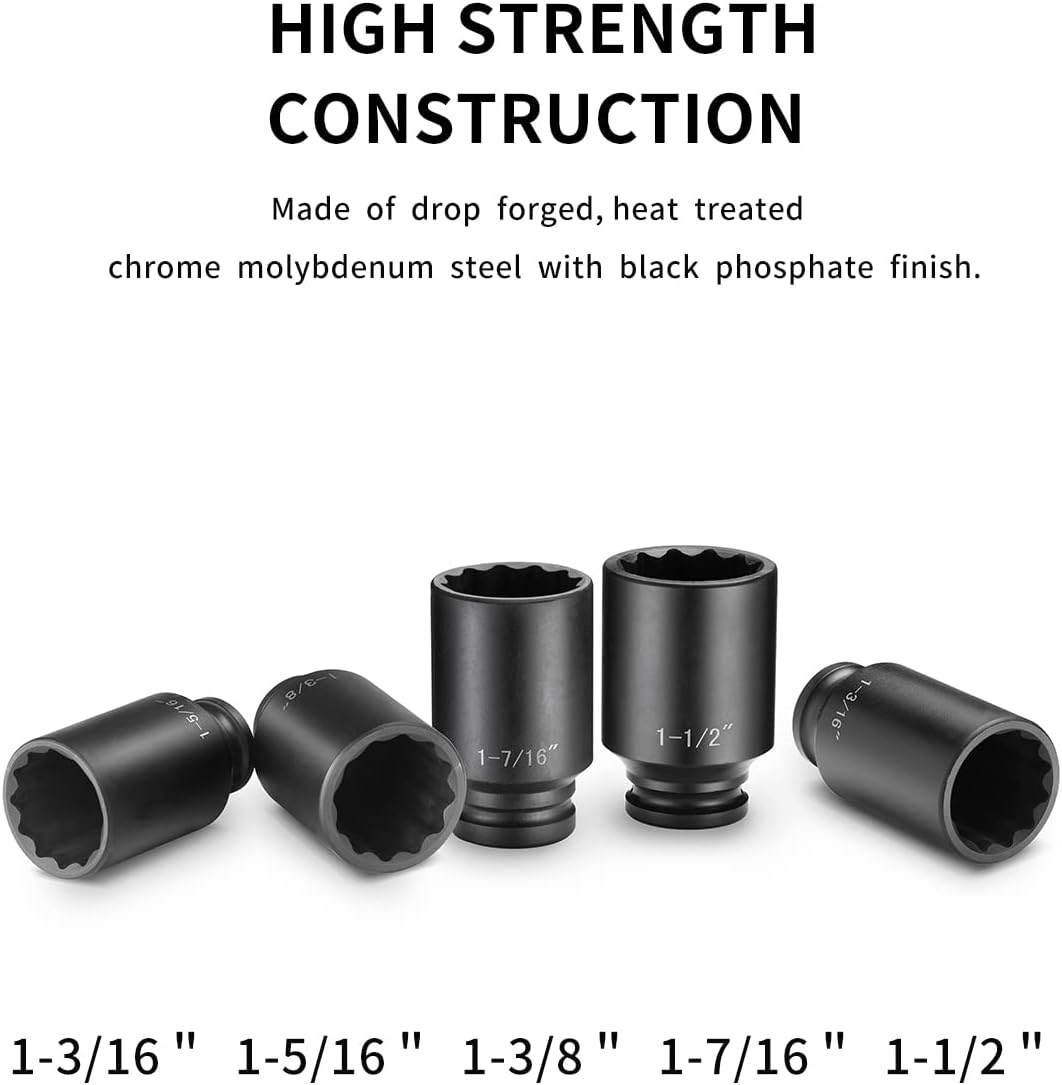 JURITS 5 Pieces 1/2-Inch Drive Deep Impact Socket Set, SAE, 12-Poin，Cr-Mo,Spindle Axle Nut Impact Socket Set， 1-3/16",1-5/16",1-3/8",1-7/16",1-1/2"