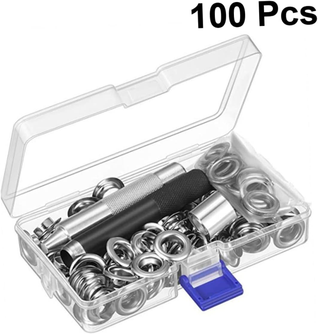 HOODANCOS 100Set Brass Grommets Eyelet Button Kit with Tool Set for Clothing Fasteners Shoes Crafts and Canvas Repair Inner Diameter Portable Storage Box Silvery White Finish
