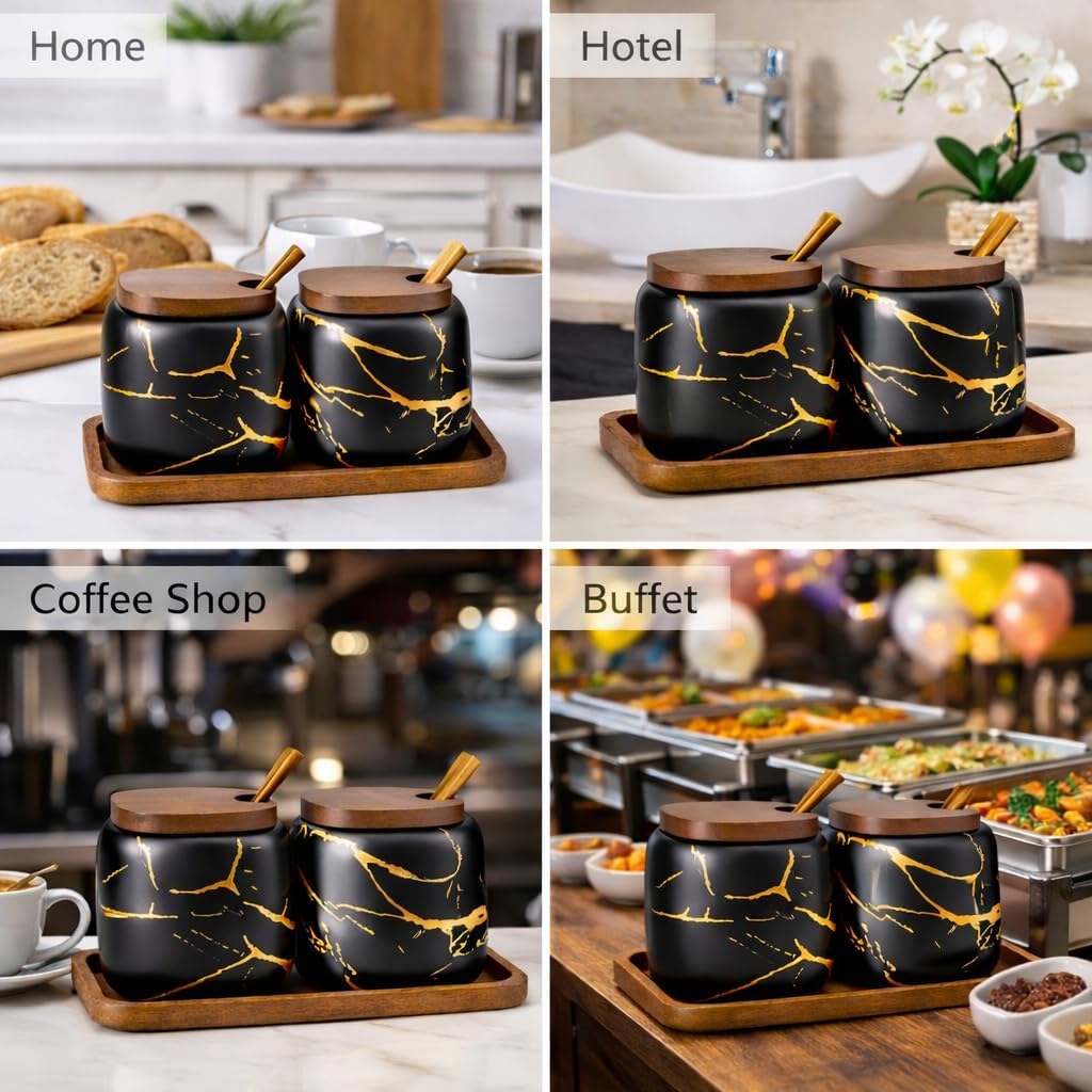 2 Sets of Marble Ceramic Seasoning Jars Ceramic Sugar Bowl with Lids，Tray and Spoons (black) … image 3