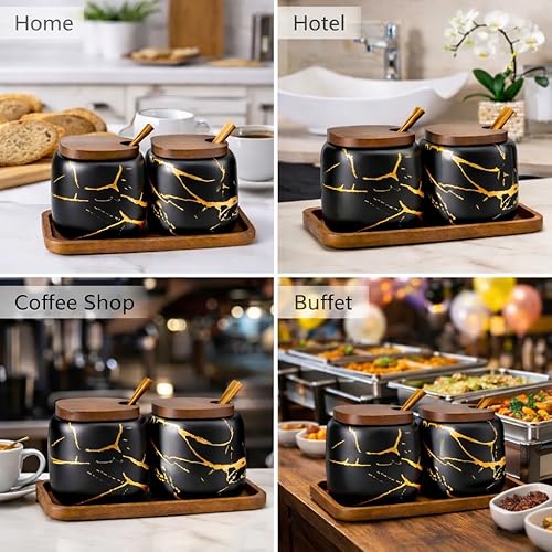 Miniatura 3 de 2 juegos de tarros de cerámica de mármol para condimentos, azucarero de cerámica con tapas, bandeja y cucharas (negro)