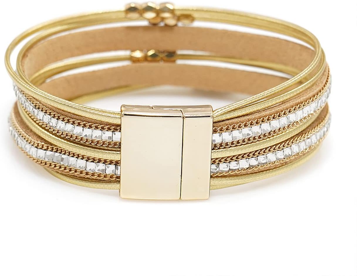 Multi-layer Leather Bracelets Multi-strand Wrap Bracelets Handmade Braided Rope Cuff Bangle with Magnetic Buckle Jewelry