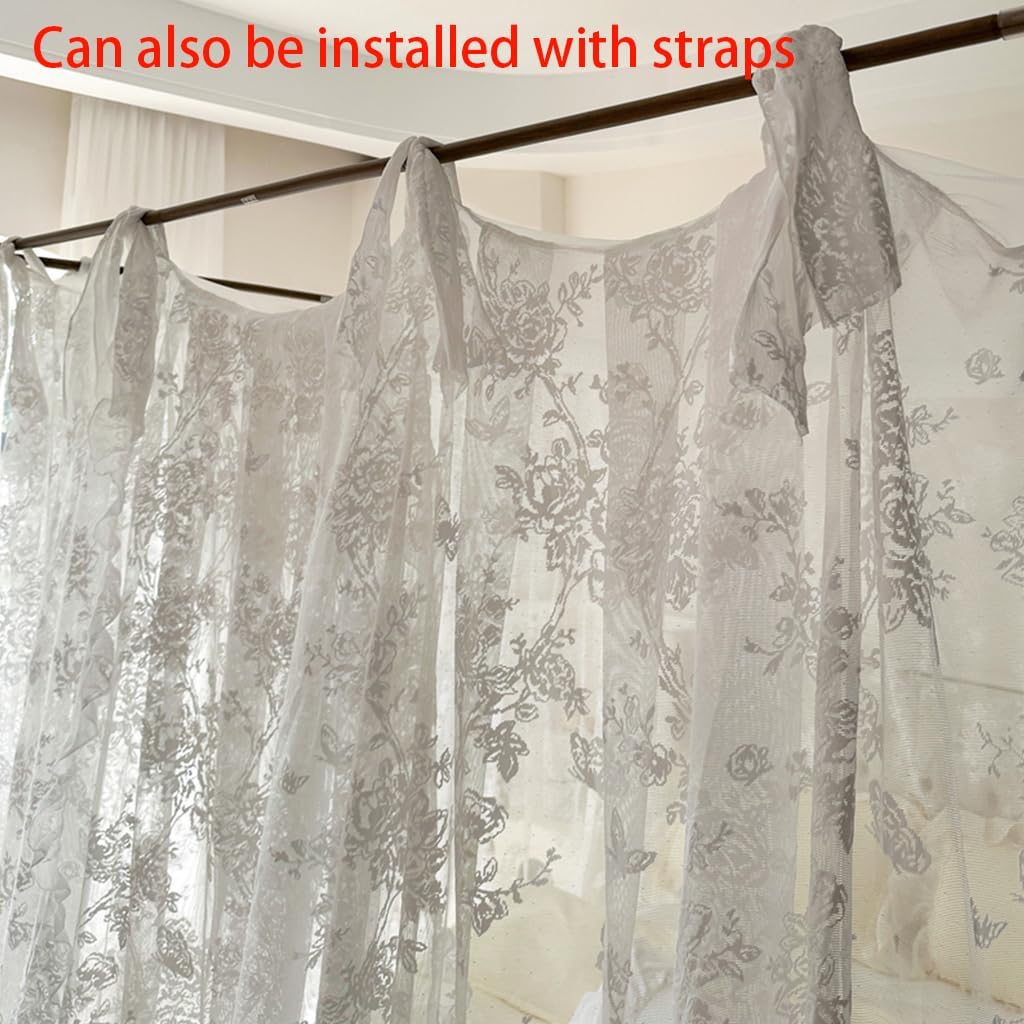 Elegant Lace Princess 4-Poster Bed Canopy Romantic Mosquito Net for Wedding Bridal Bedroom Decor, Kids Room Bed Curtain with Top Cover for Women Adults (White-1, 59" W x 78" L)