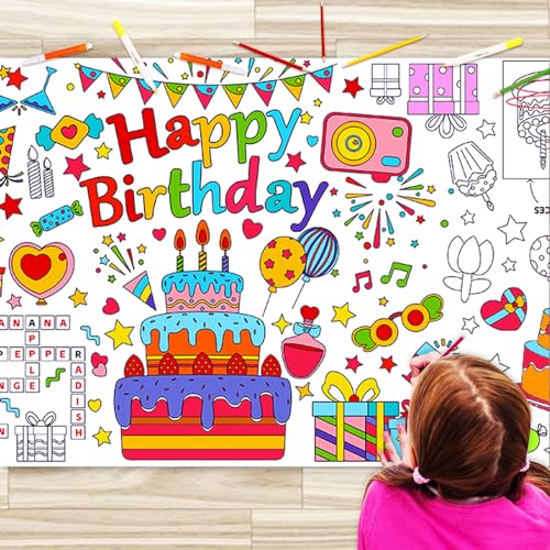 Baoxue ZB Happy Birthday Coloring Table Cloth For Kids, 72 * 31Inch Giant Coloring Poster, Large Coloring Paper Roll For Party Activities,Coloring Game,Birthday Party Games,Birthday Crafts cover