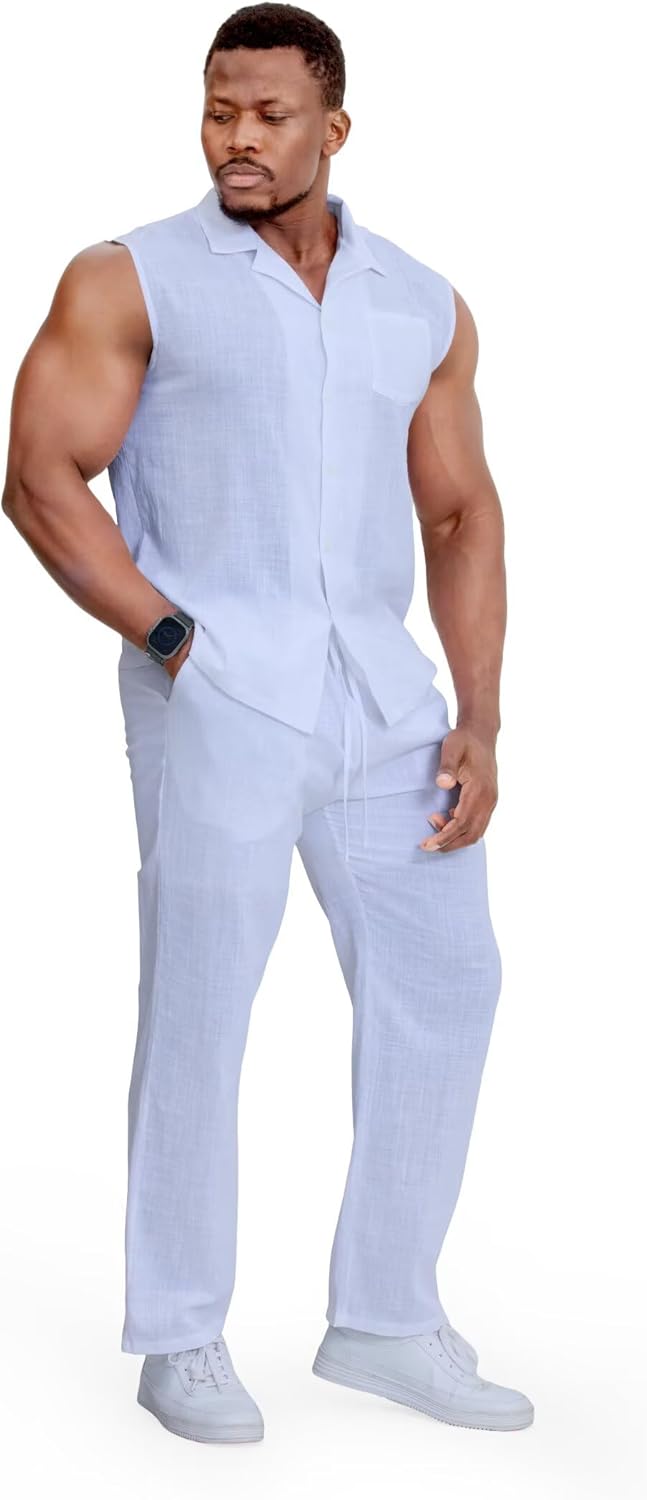 Mens Linen Sets 2 Piece Outfits Sleeveless Shirt and Pants Set Vacation Outfit for Men Summer Beach Suits - Image 3