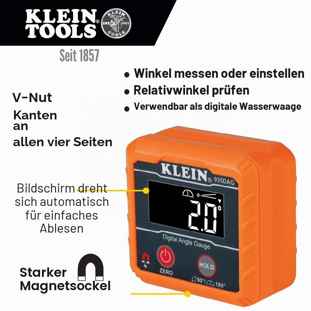 Klein Tools 935DAG Digitaler Winkelmesser und Neigungsmesser | Magnetfuß | 0°–90° und 0°–180° Messbereich | IP42 | Automatische Displaydrehung