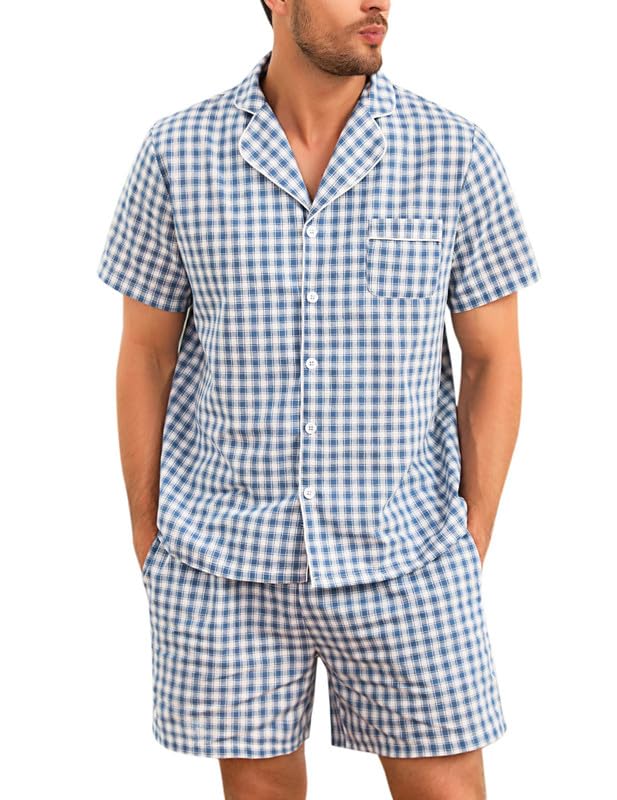 Marvmys Mens 100% Cotton Pajama Set Sleepwear Short Sleeve Pj Set Button Down Lounge Set Plaid Pajamas S-3XL