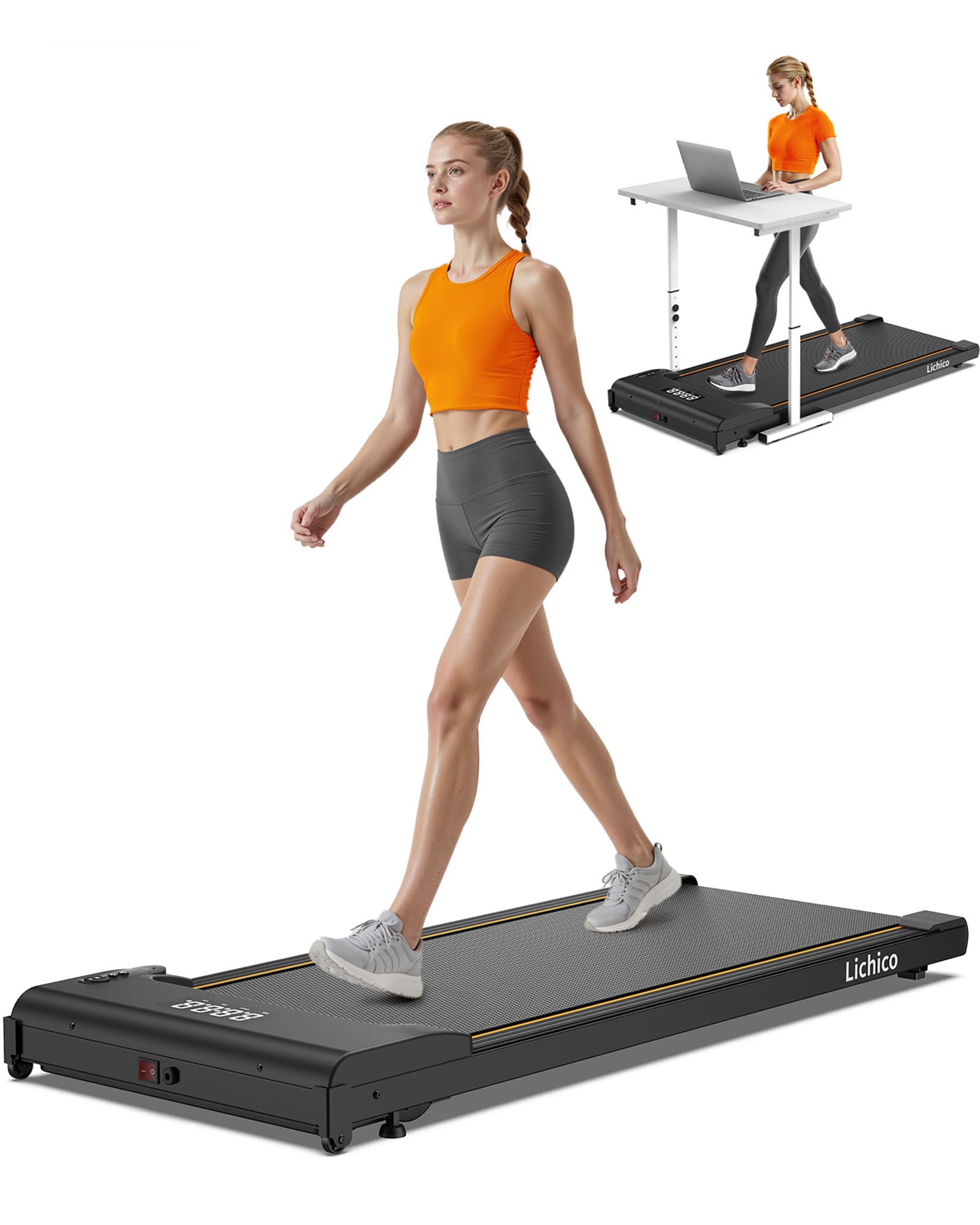Lichico Treadmill with Adjustable Tilting 0-9% or Folding Handle, Small Home Walking Pad, Silent Treadmill for Desktop, Bluetooth, Maximum Weight 150kg, Three Models to Choose From - Black-6km/h-Foundation