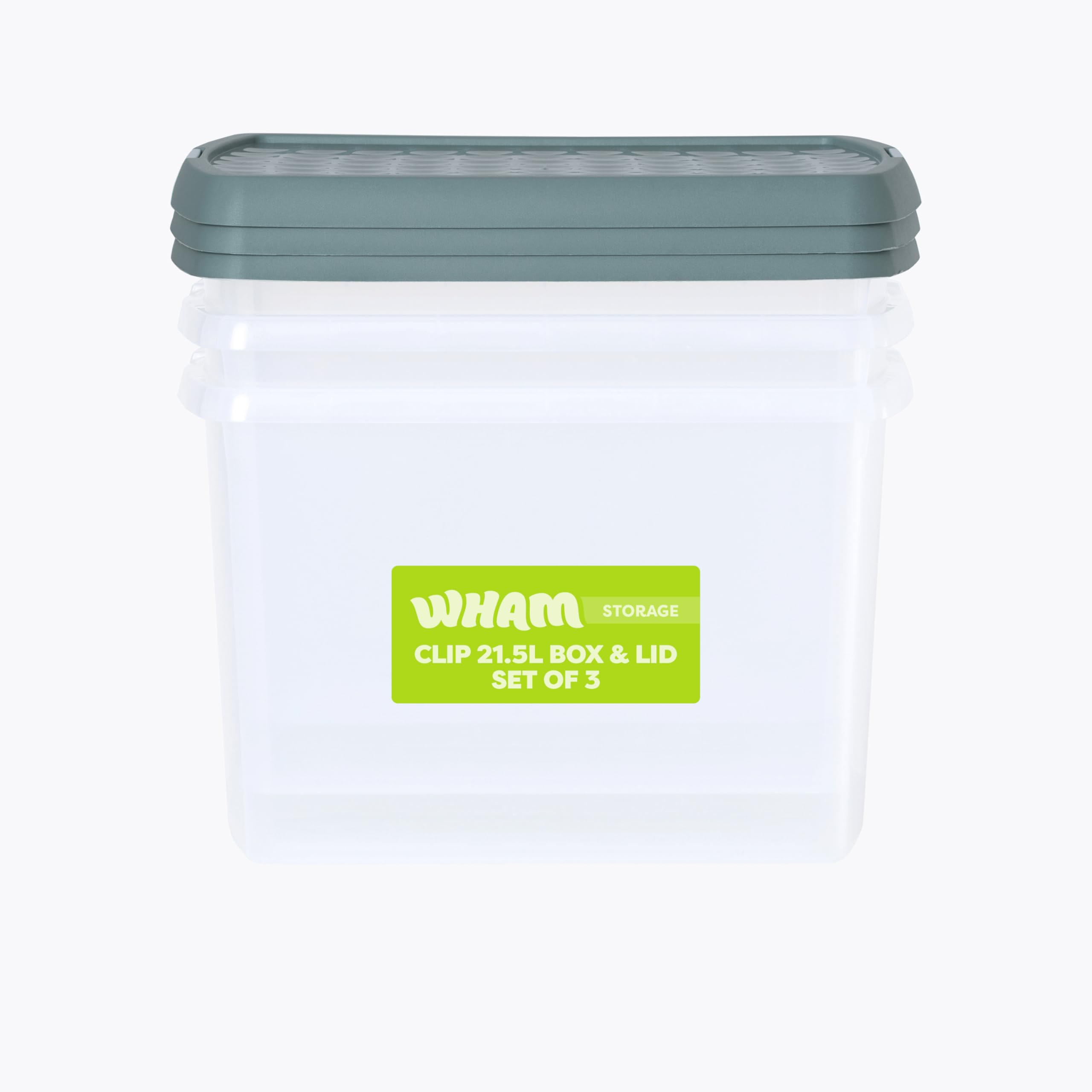 Wham Clip 21L Storage Box with Lid - Clear Green Milieu & Stone - Rectangular Plastic Container - 3 Pack